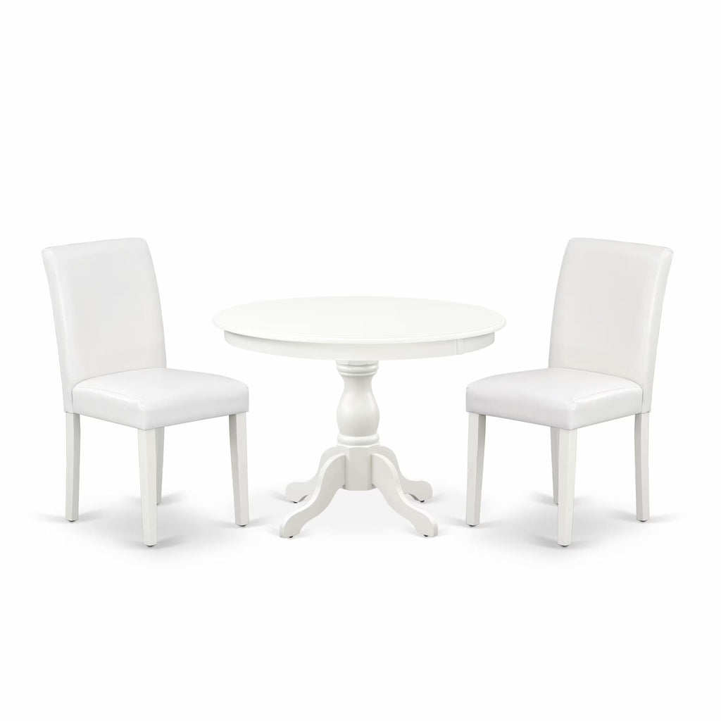 3 Piece Round Dining Table Set with 2 White Faux Leather Chairs O82076