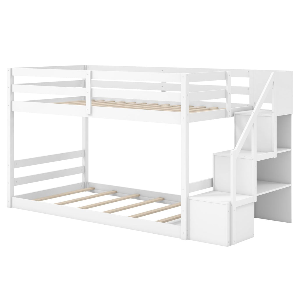 White Twin Over Twin Solid Wood Bunk Bed with Stairs O832