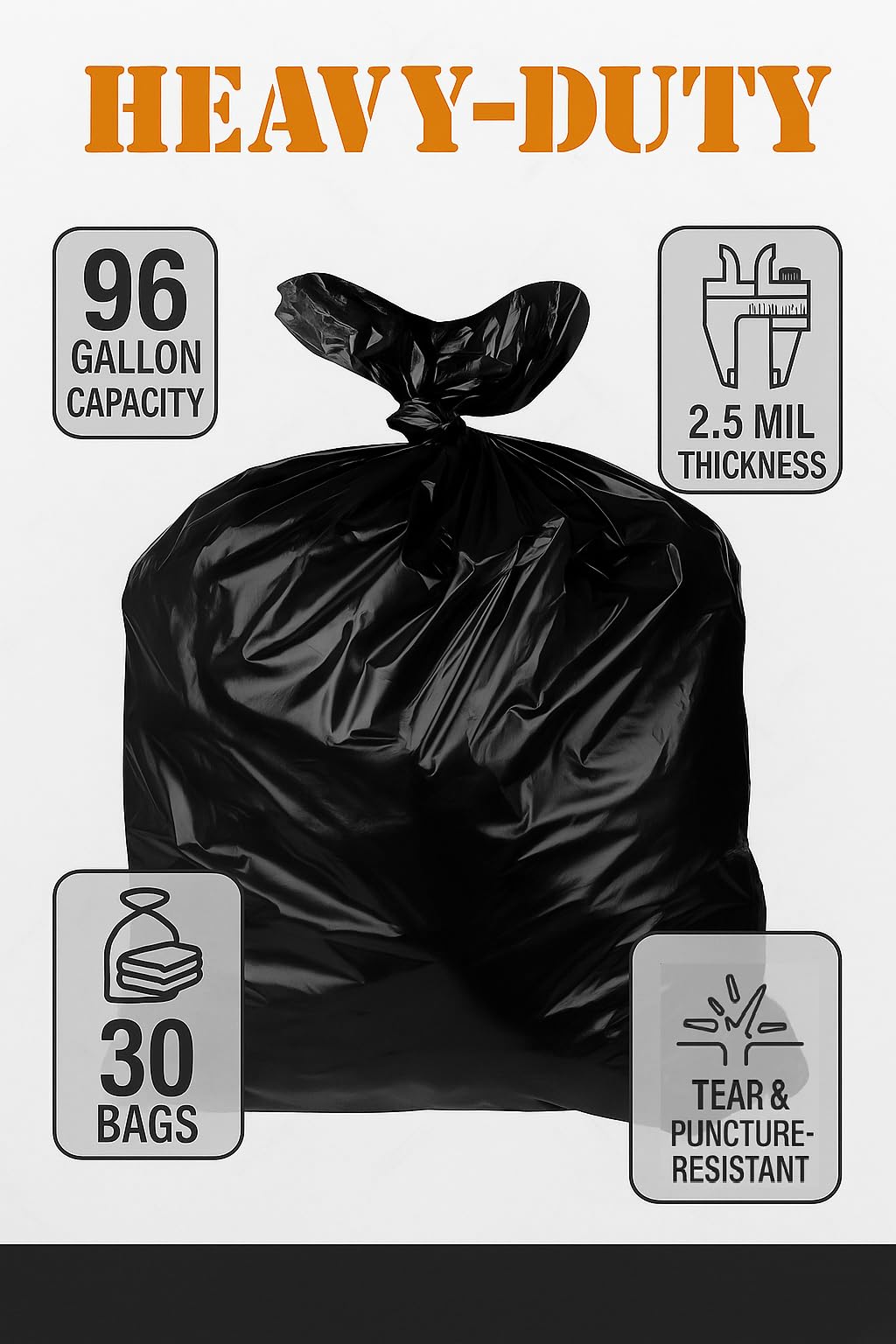 95–96 Gallon 30 Count 2.5 Mil Black Trash Bags W29031