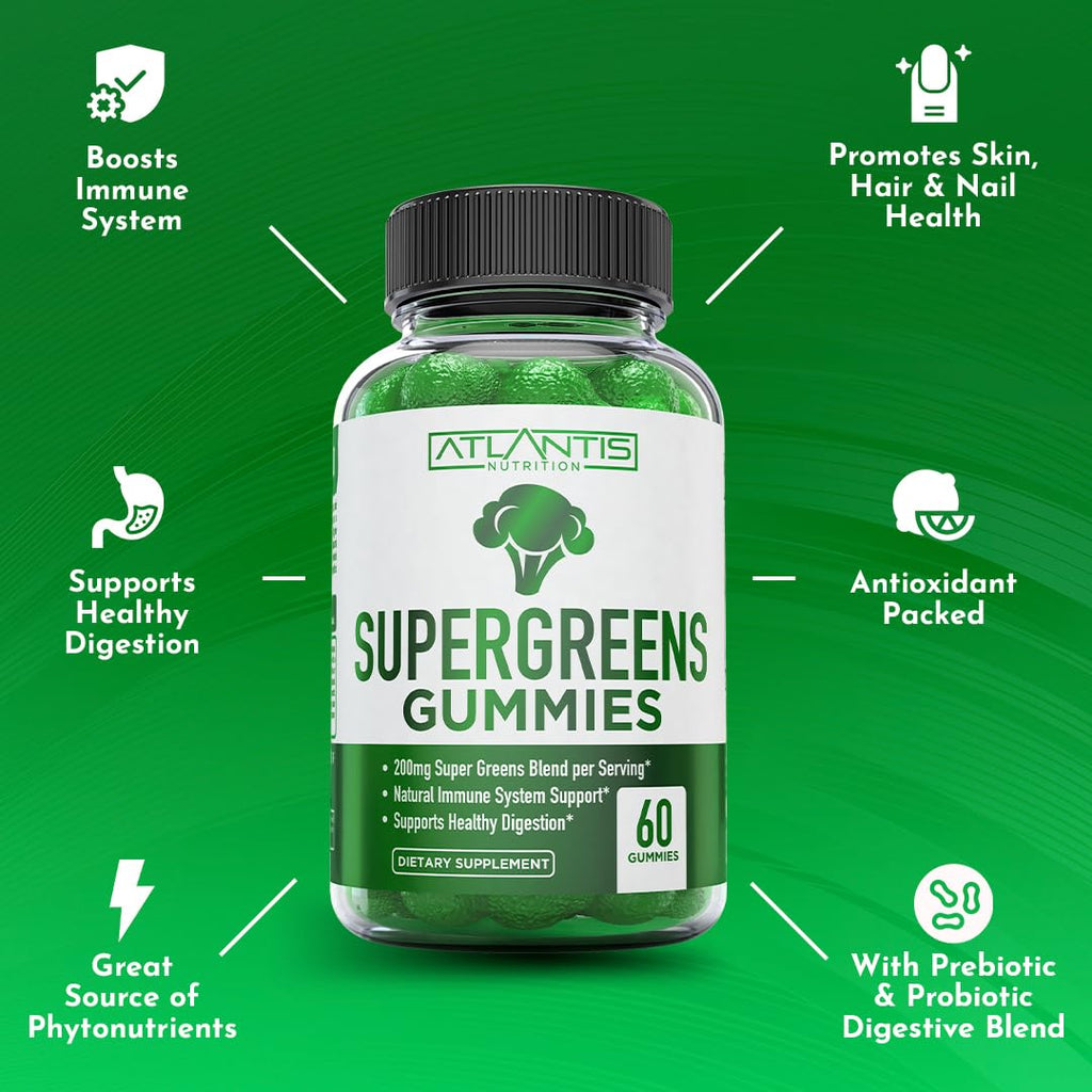 Supergreens Gummies Supplement with Spinach, Broccoli, Moringa, Beet Root, Celery, Green Tea, & Acai, Natural Raspberry Flavor, 60 cnt Y907663