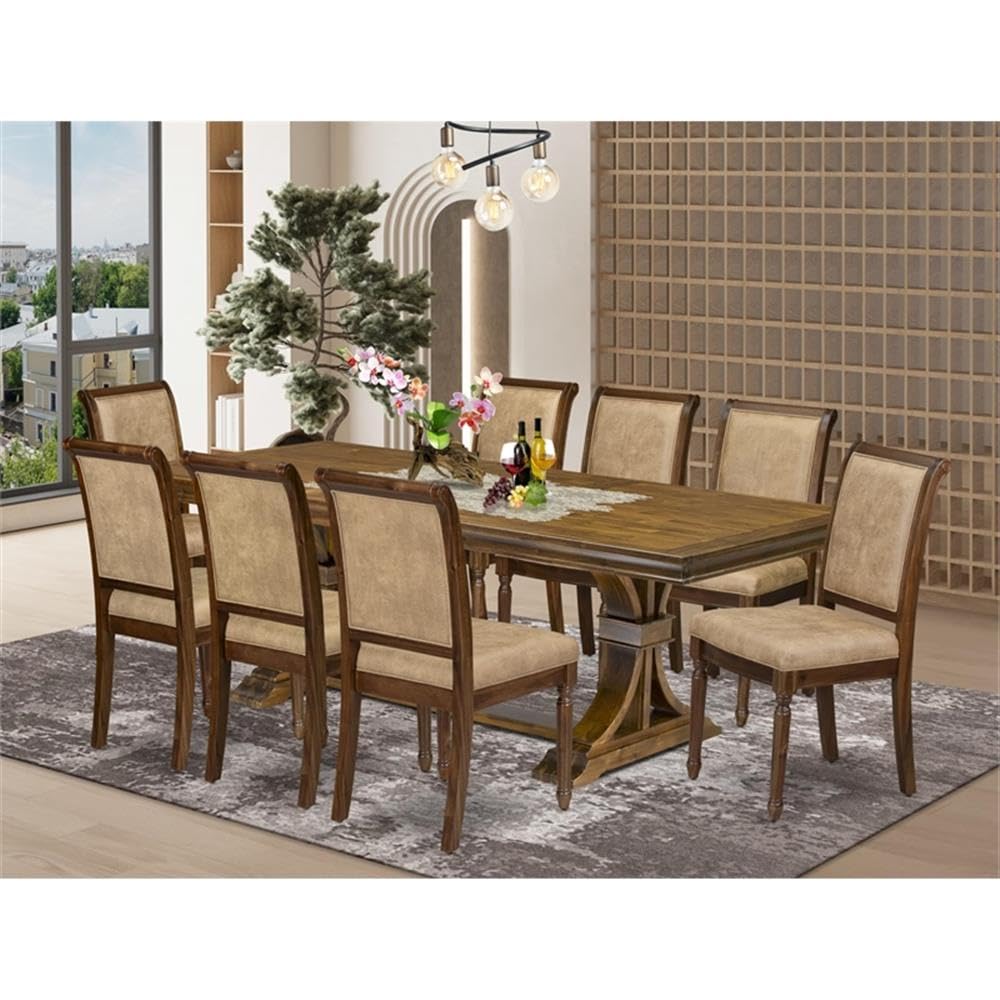 9-Piece Acacia Dining Set with 8 Upholstered Chairs S58765