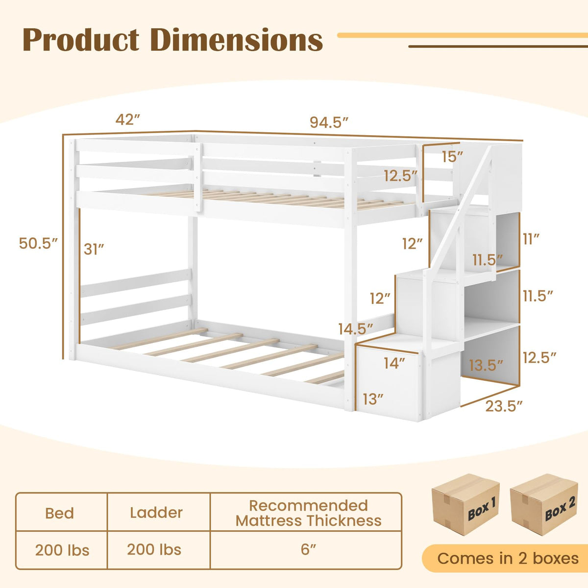 White Twin Over Twin Solid Wood Bunk Bed with Stairs O832