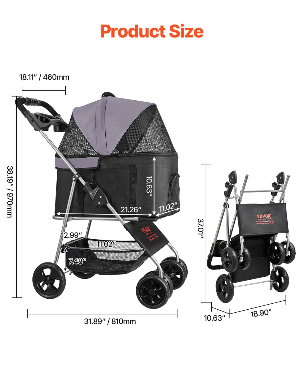 Foldable 4 Wheels Pet Stroller with Detachable Carrier D52565
