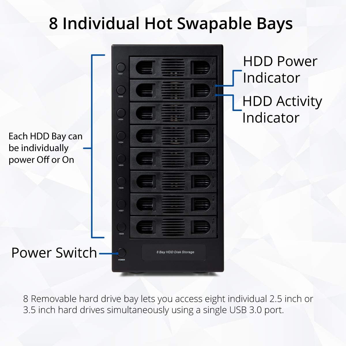 8 Bay Tool Less Hot Swap 2.5" 3.5" SATA USB 3.0 Enclosure K664409