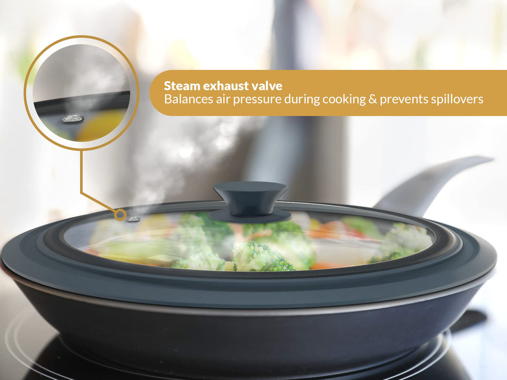 Universal Lids for Pots, Pans & Skillets 2set Frying Pan Cover Fits 7", 8" 9" & 10", 11", 12" Diameter Cookware, 2 Cotton Rags, Tempered Glass with High Heat Resistant Silicone Rim Dishwasher Safe Z217