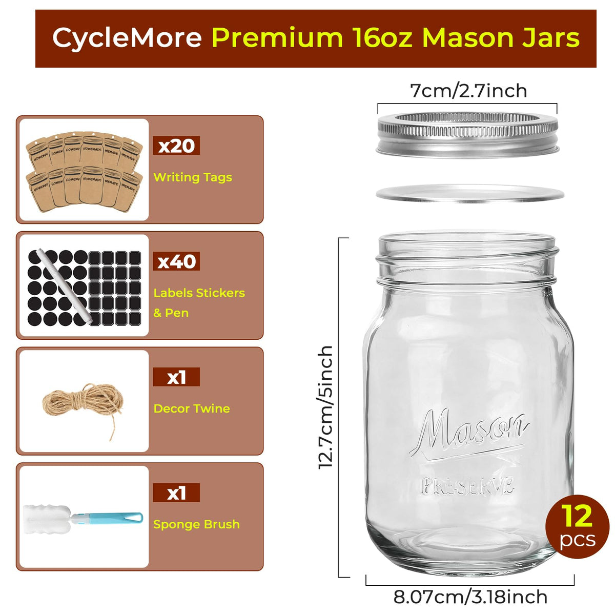 16oz 12 Pack Mason Jars with Airtight Lids N9533