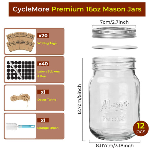 16oz 12 Pack Mason Jars with Airtight Lids N9533