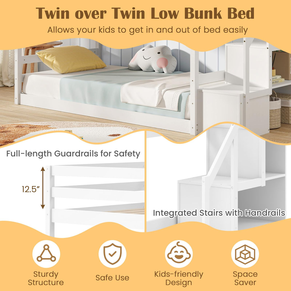 White Twin Over Twin Solid Wood Bunk Bed with Stairs O832