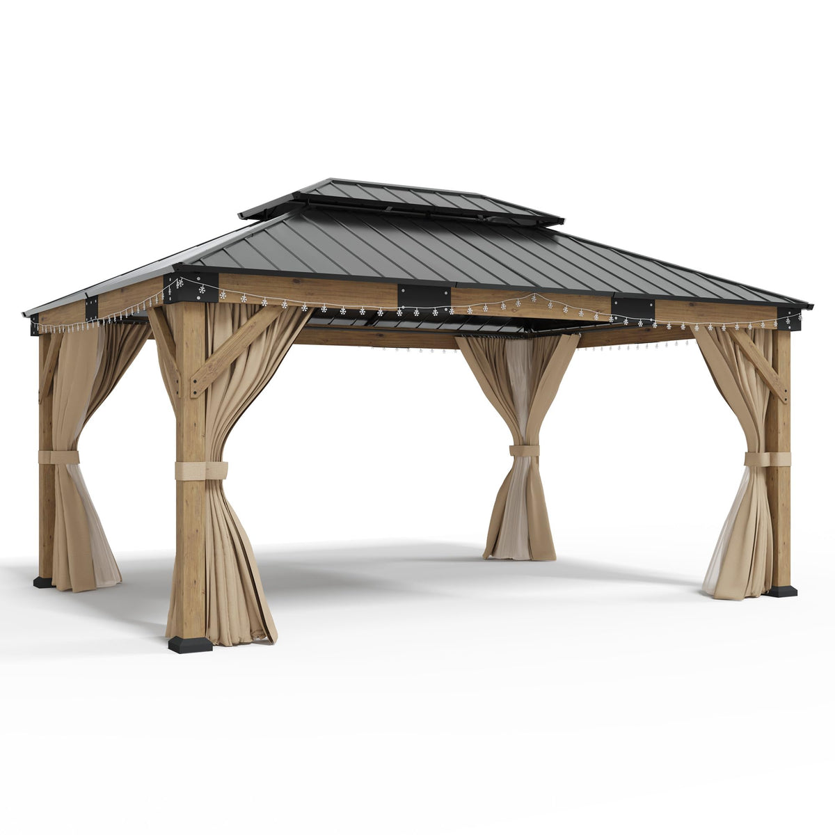 12x14FT Hardtop Gazebo with Double Roof, Privacy Curtain & Netting S918394