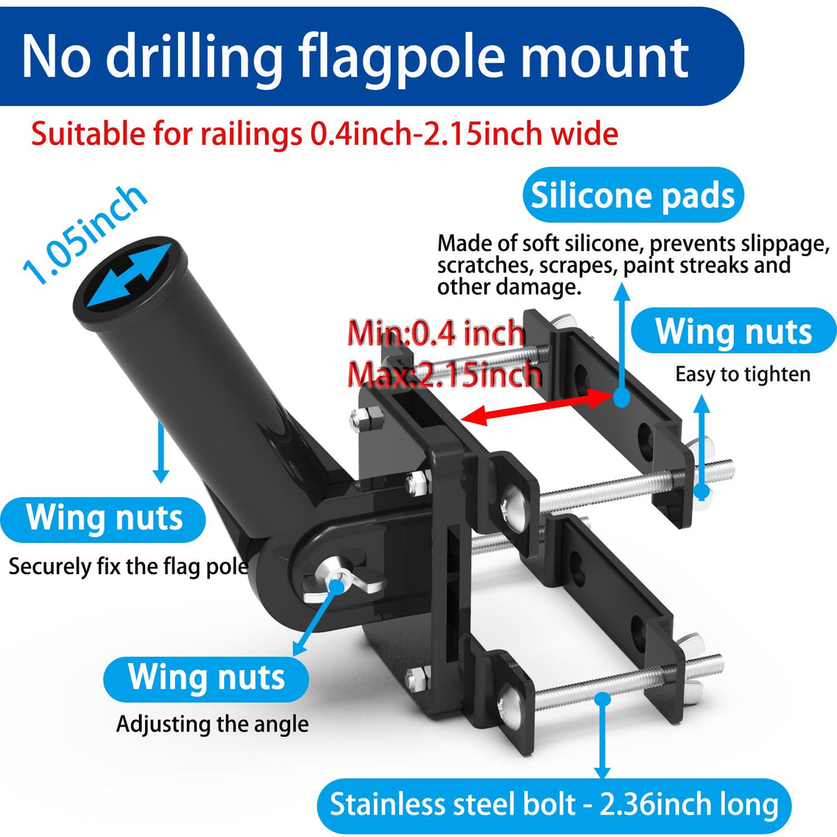 Flagpole Mount for Balcony Railing, Round and Square Railing, Black N751