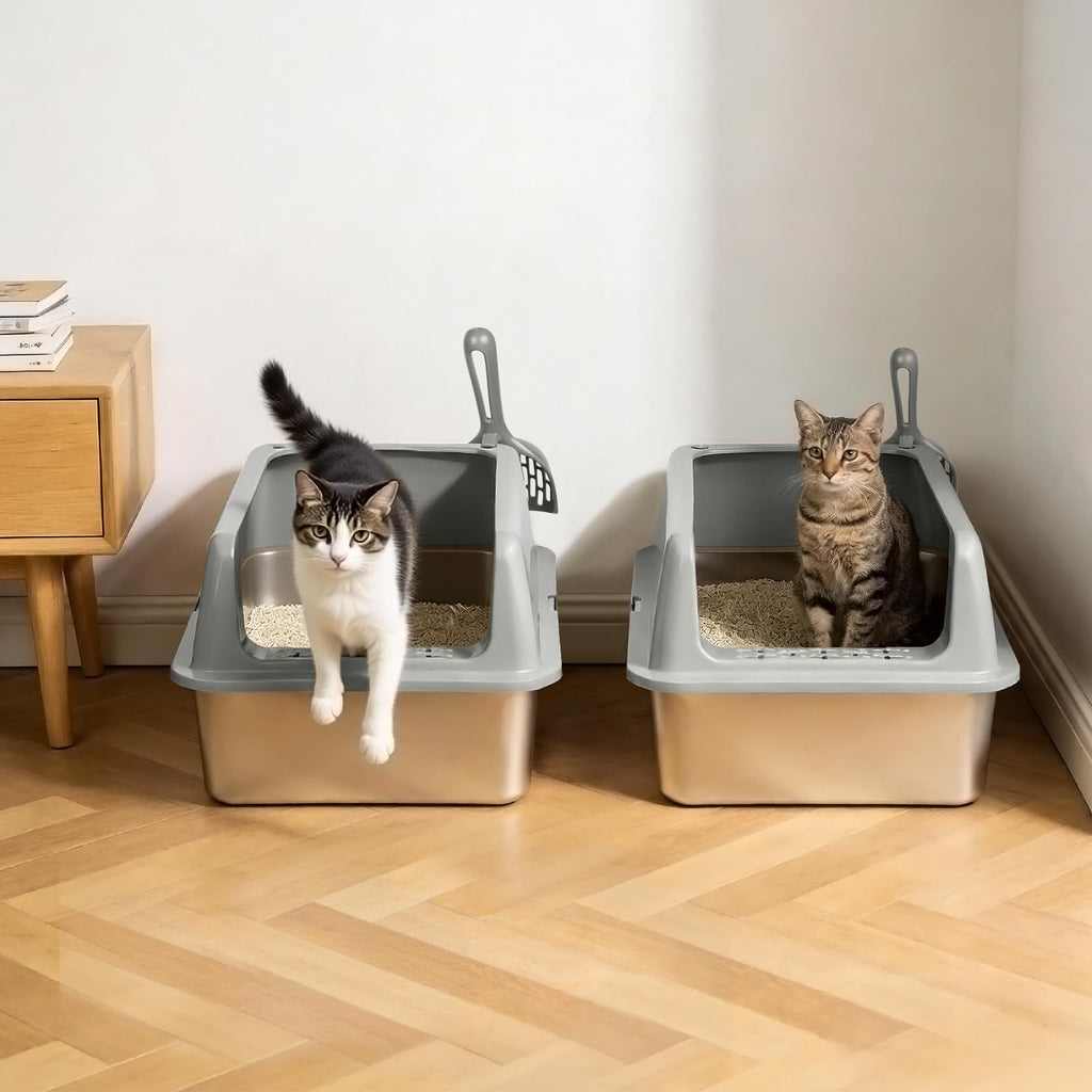 2 Pack Large Semi-Enclosed Stainless Steel Cat Litter Box with Lid Z1370