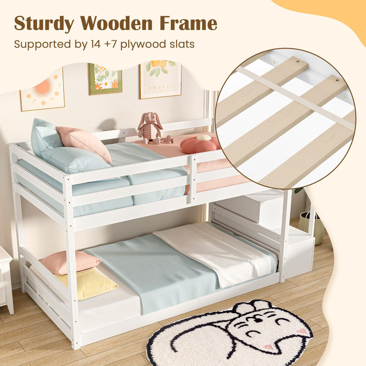 White Twin Over Twin Solid Wood Bunk Bed with Stairs O832