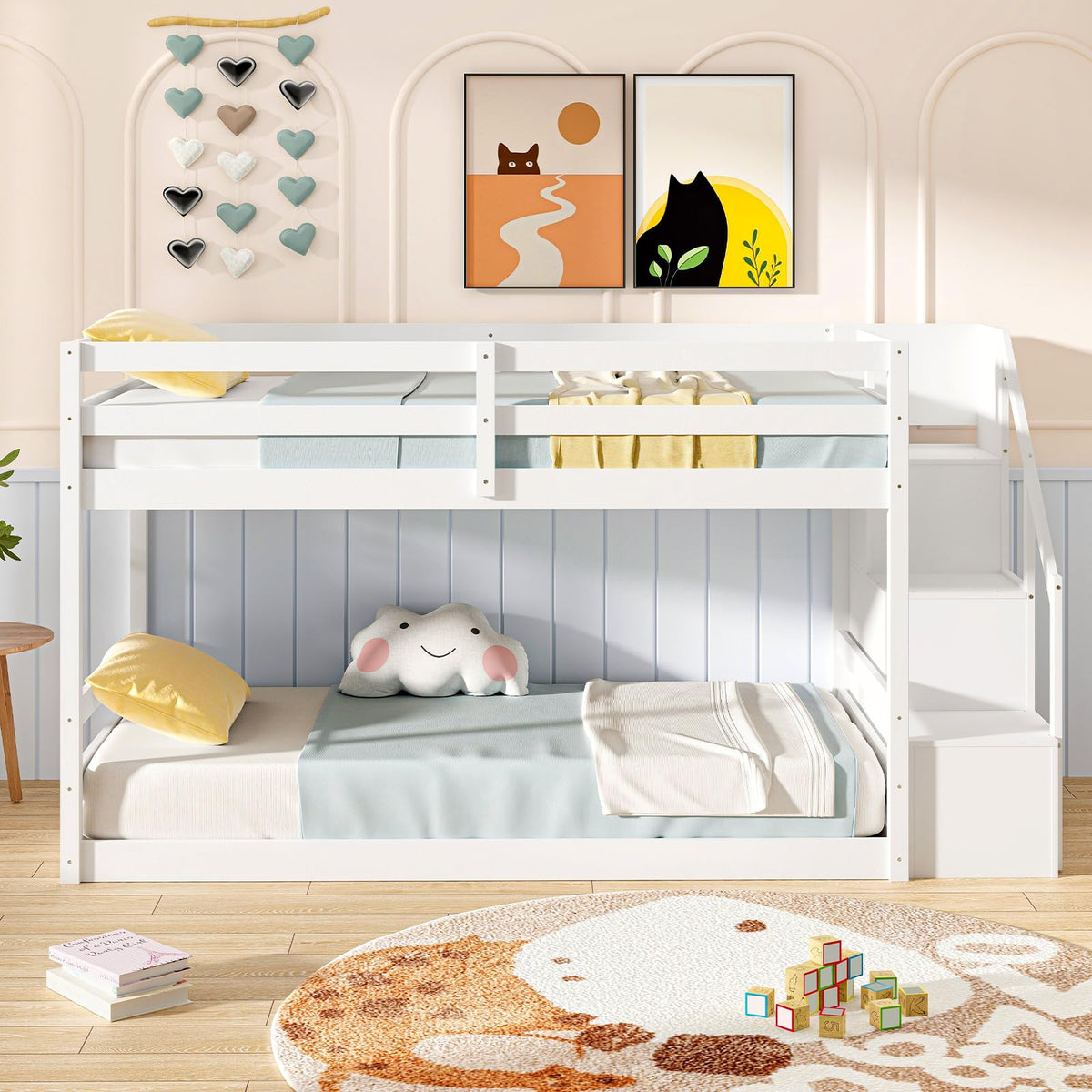 White Twin Over Twin Solid Wood Bunk Bed with Stairs O832