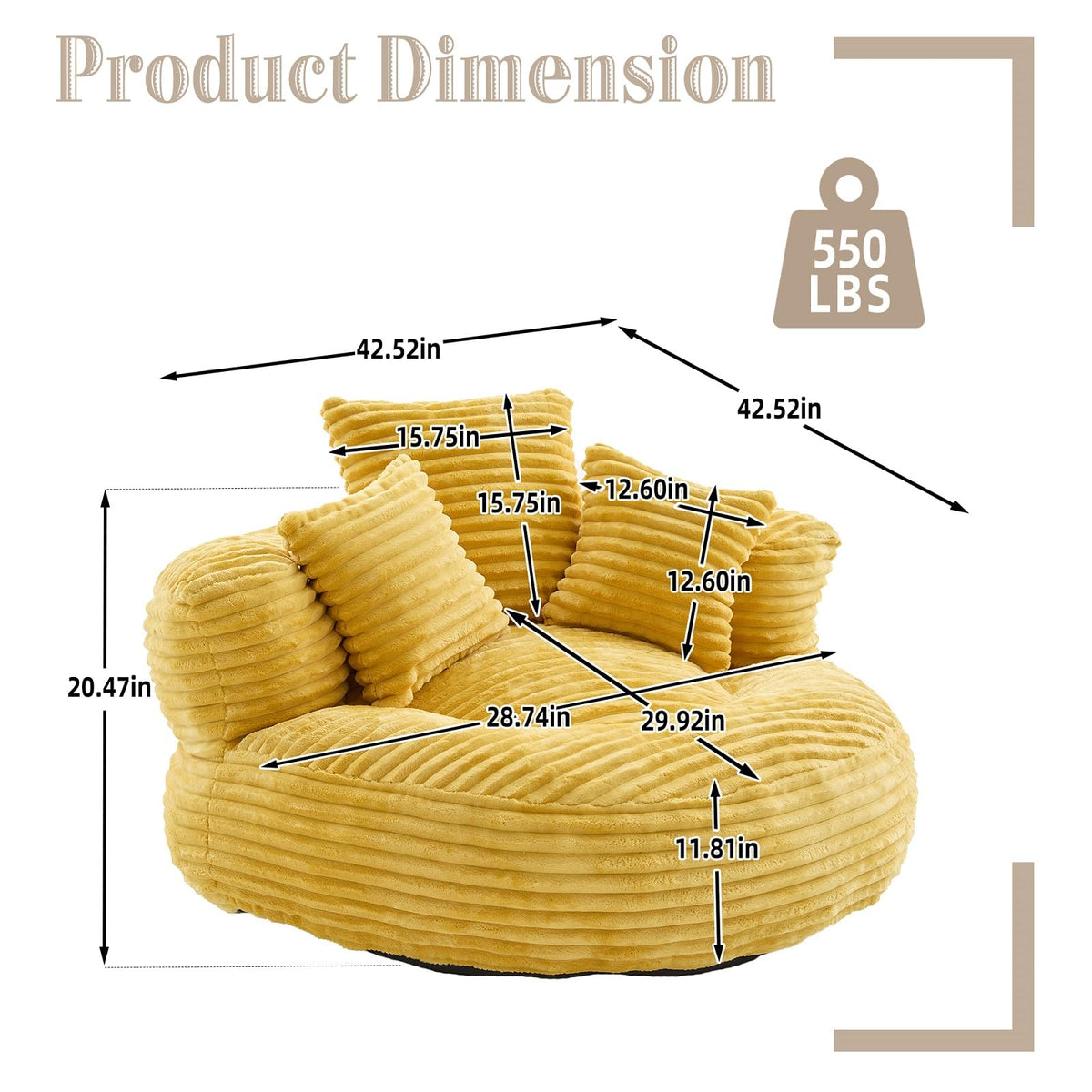 Oversized Corduroy Bean Bag Chair with 3 Pillows X76696