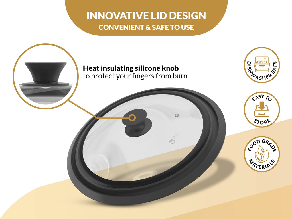 Universal Lids for Pots, Pans & Skillets 2set Frying Pan Cover Fits 7", 8" 9" & 10", 11", 12" Diameter Cookware, 2 Cotton Rags, Tempered Glass with High Heat Resistant Silicone Rim Dishwasher Safe Z217
