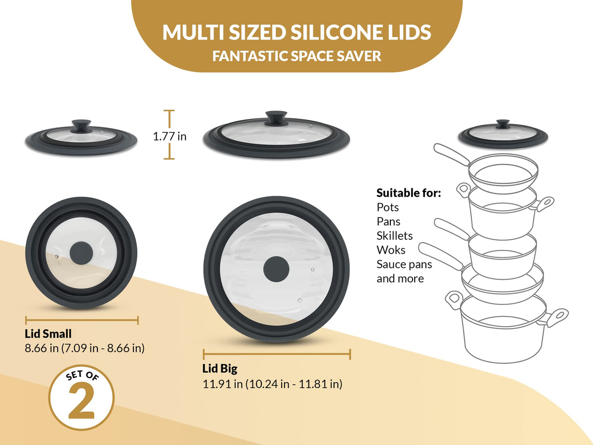 Universal Lids for Pots, Pans & Skillets 2set Frying Pan Cover Fits 7", 8" 9" & 10", 11", 12" Diameter Cookware, 2 Cotton Rags, Tempered Glass with High Heat Resistant Silicone Rim Dishwasher Safe Z217