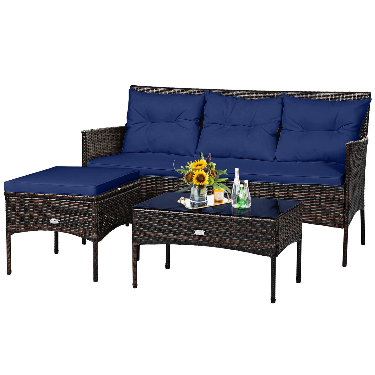 3 Pieces PE Rattan Wicker Patio Conversation Set with Cushions X261