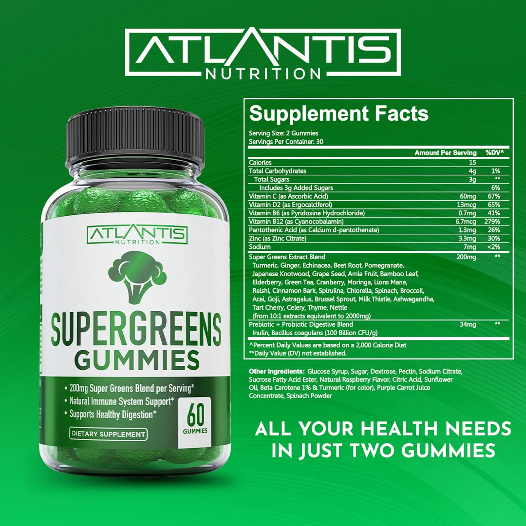 Supergreens Gummies Supplement with Spinach, Broccoli, Moringa, Beet Root, Celery, Green Tea, & Acai, Natural Raspberry Flavor, 60 cnt Y907663