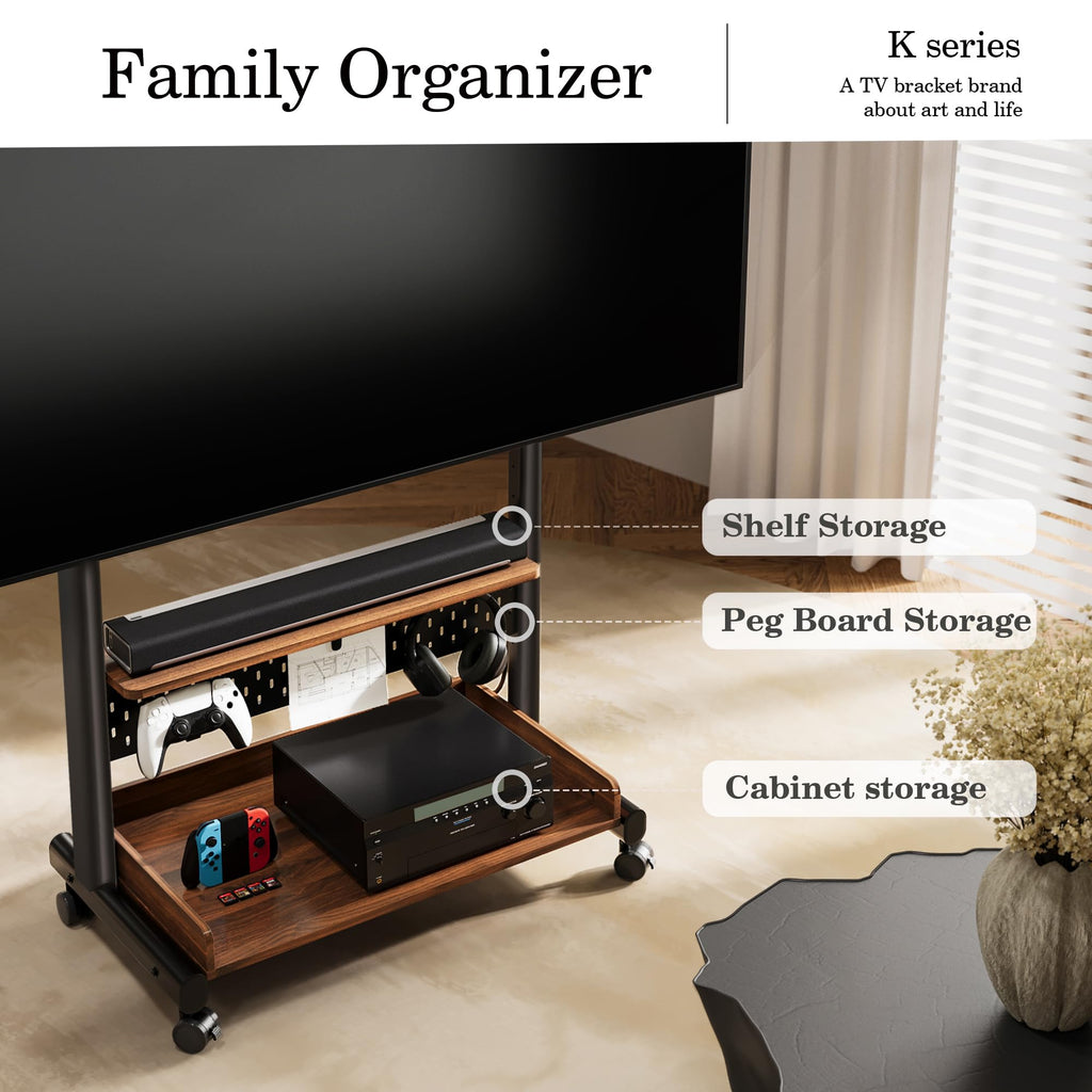 Rolling TV Stand Mount with Wooden Shelf P6196