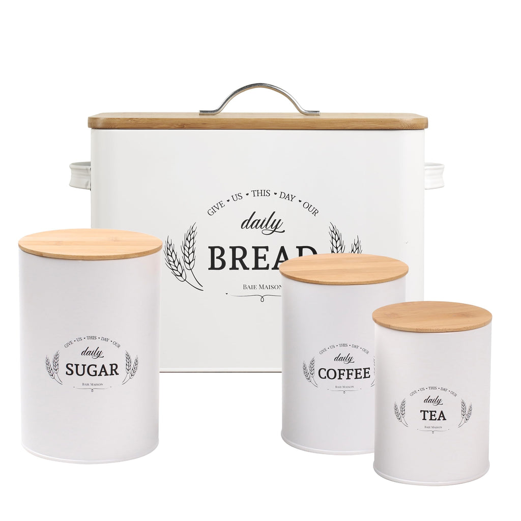 Extra Large White Farmhouse Bread Box with Canisters Set of 3 J7097
