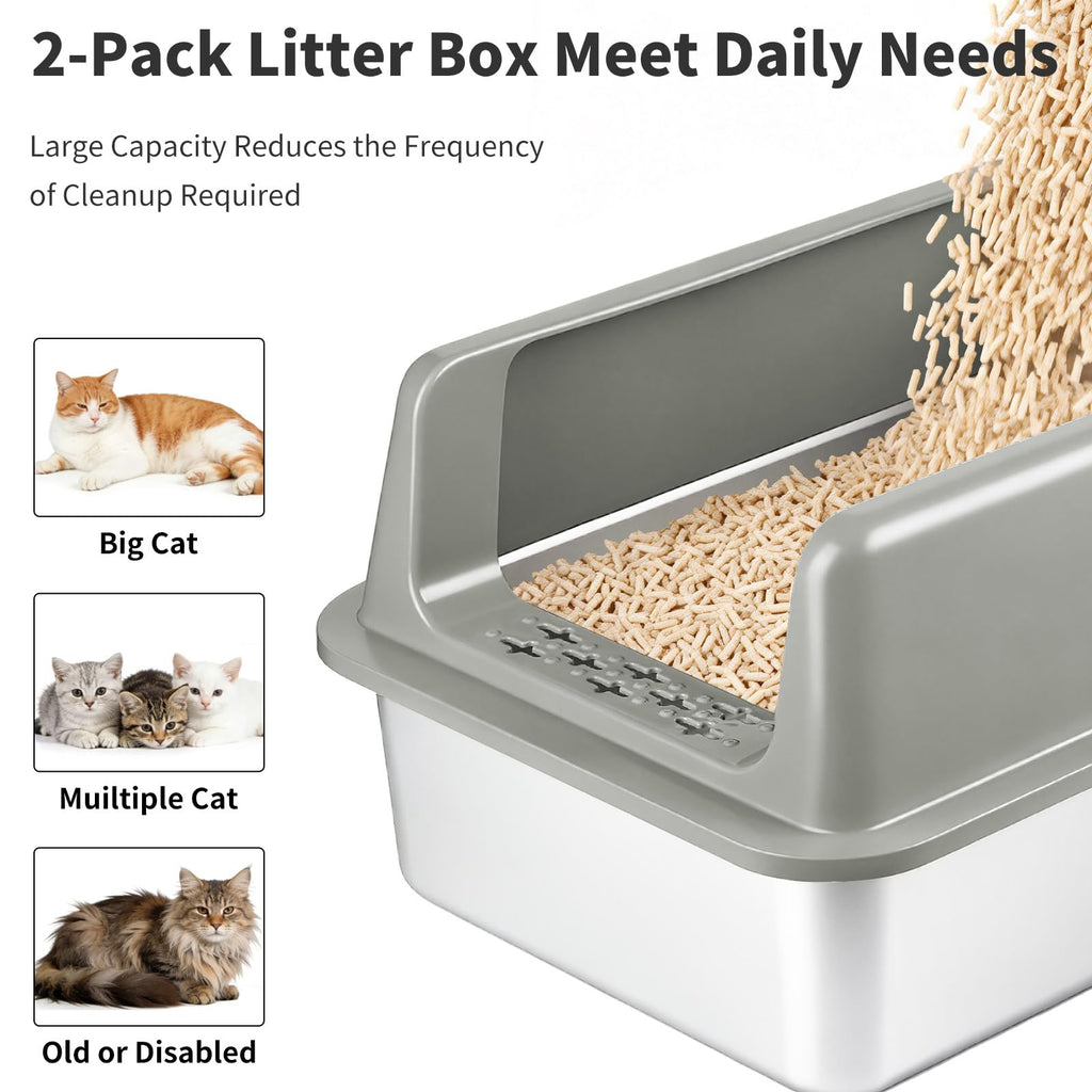 2 Pack Large Semi-Enclosed Stainless Steel Cat Litter Box with Lid Z1370