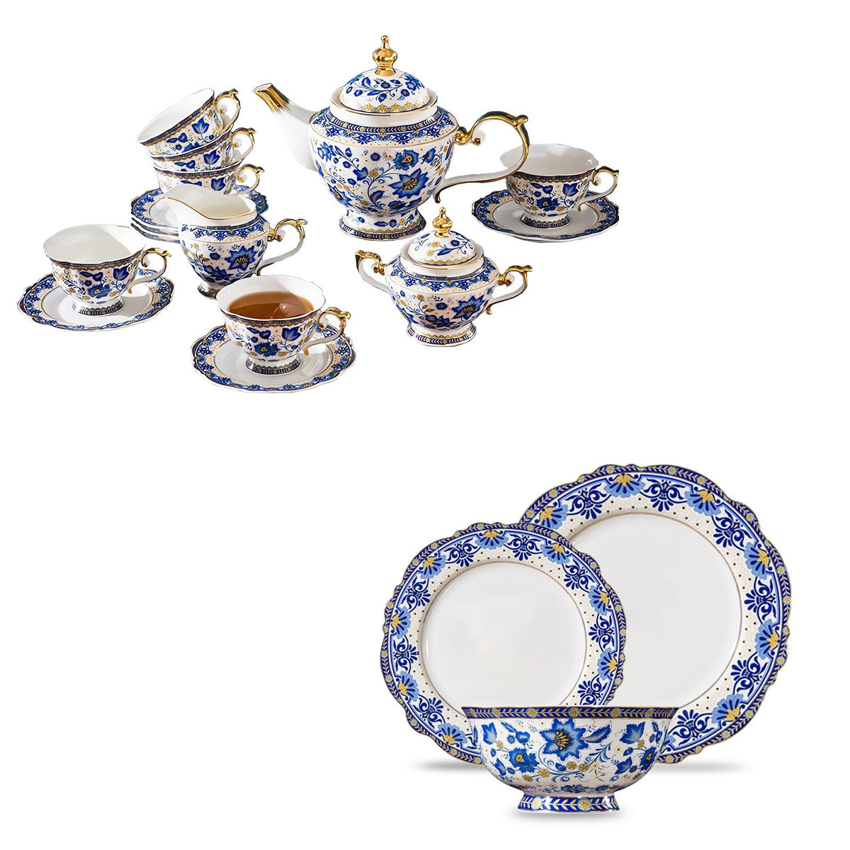 Bone China Tea Set for 6, 12 Pieces Blue and White A337532