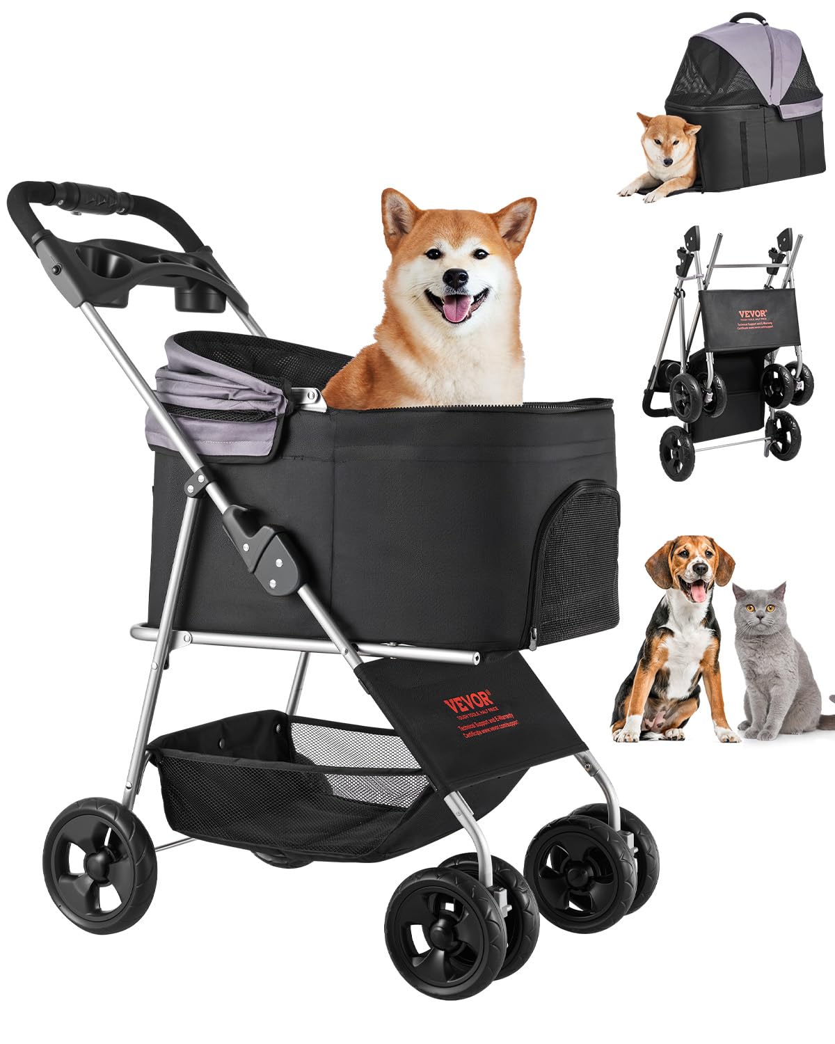 Foldable 4 Wheels Pet Stroller with Detachable Carrier D52565