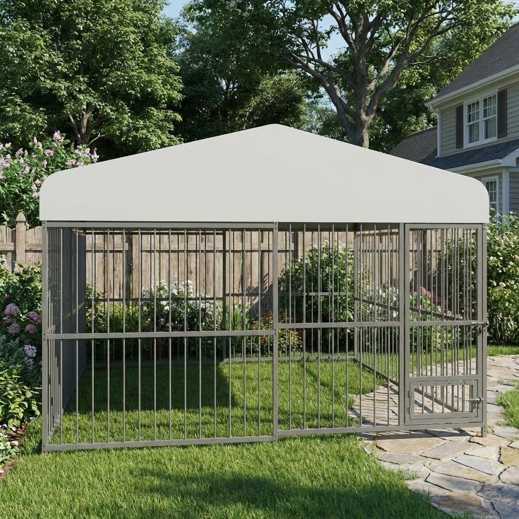 10 x 10FT Heavy Duty Metal Outdoor Dog Kennel with Roof T412