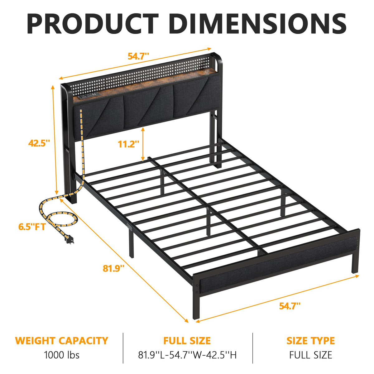 Full Size Bed Frame with Storage Shelf and Upholstered Headboard X81006