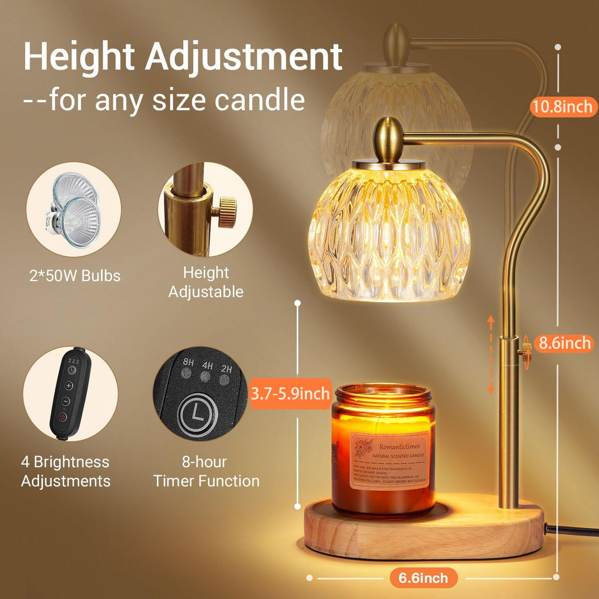 Candle Warmer Lamp with Timer & Dimmer Height Adjustable J2543