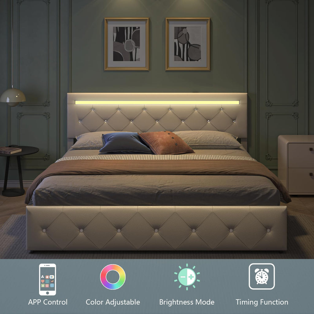 Full Size Bed Frame with LED Light and Storage Drawers S11482
