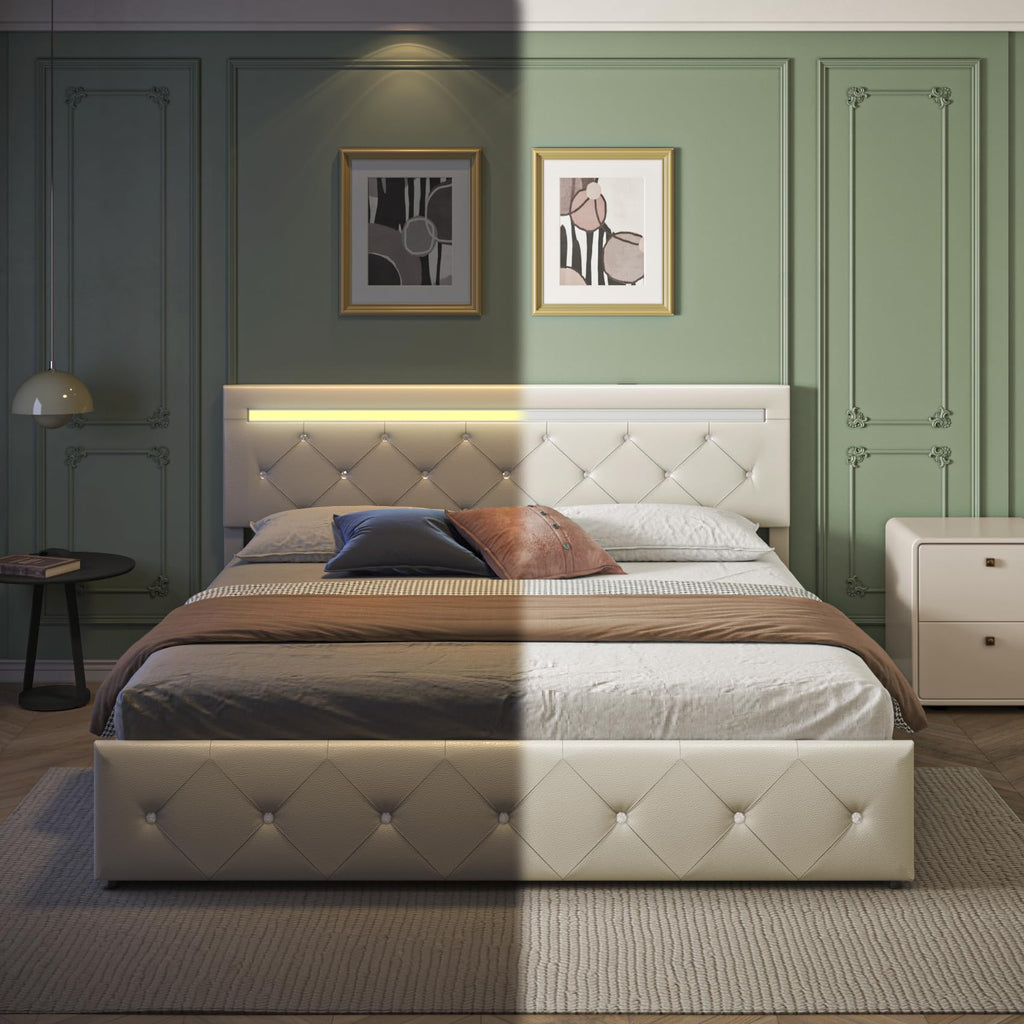 Full Size Bed Frame with LED Light and Storage Drawers S11482