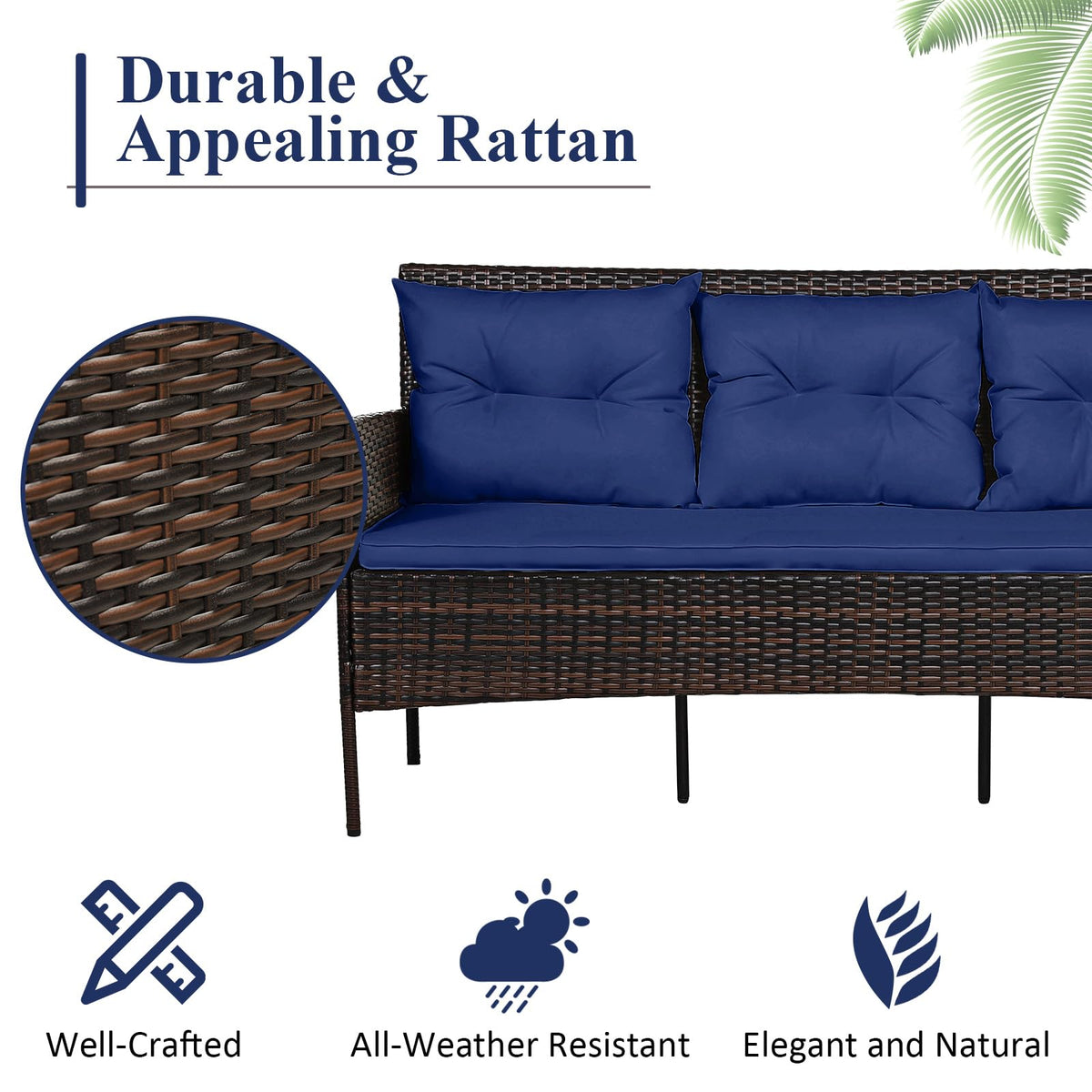 3 Pieces PE Rattan Wicker Patio Conversation Set with Cushions X261