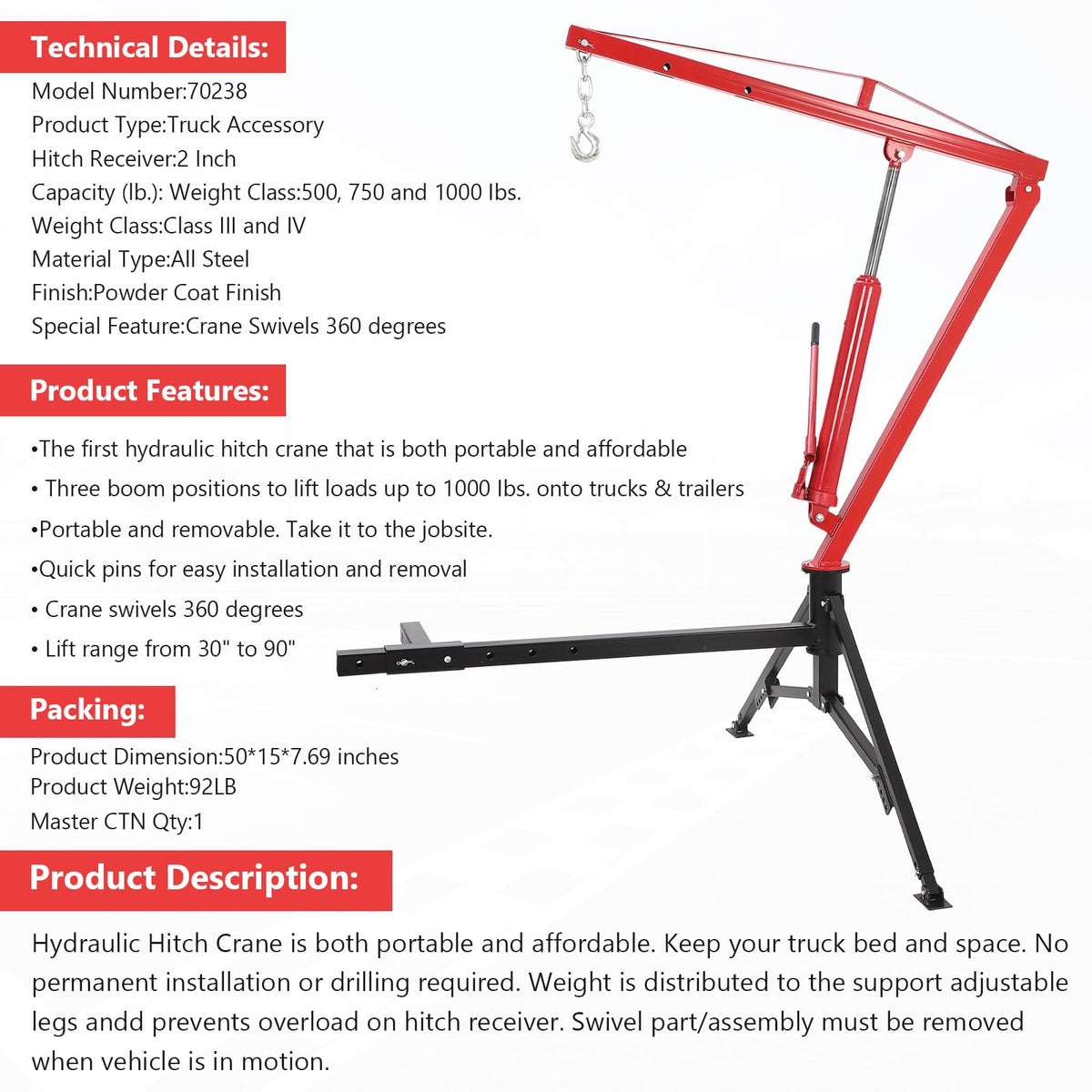 1000 Lbs Hydraulic Hitch Mounted Truck Crane B203