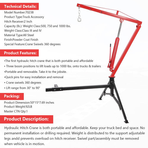 1000 Lbs Hydraulic Hitch Mounted Truck Crane B203