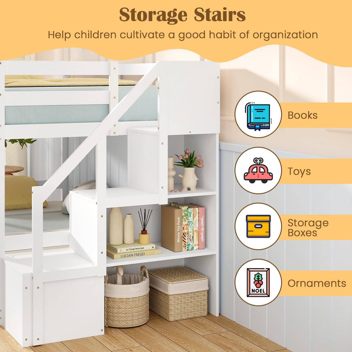 White Twin Over Twin Solid Wood Bunk Bed with Stairs O832
