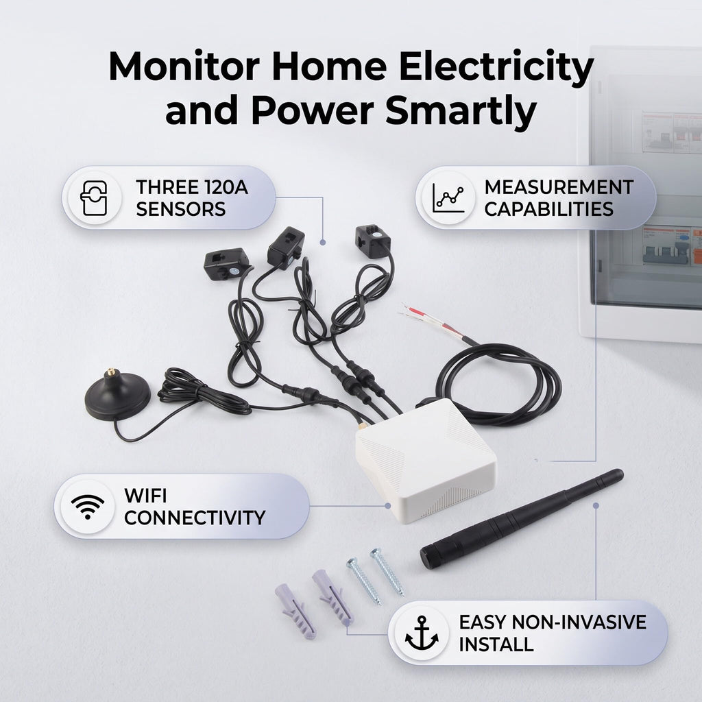 3 Phase Smart Electricity Power Monitor with 3 120A Circuit Level Sensor B8819