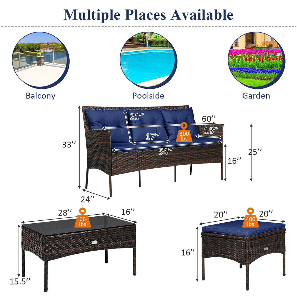 3 Pieces PE Rattan Wicker Patio Conversation Set with Cushions X261