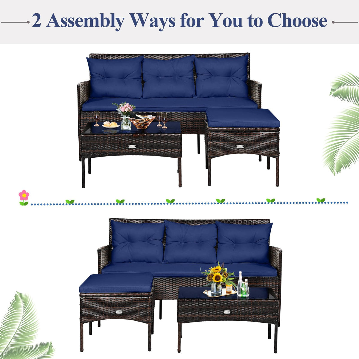 3 Pieces PE Rattan Wicker Patio Conversation Set with Cushions X261