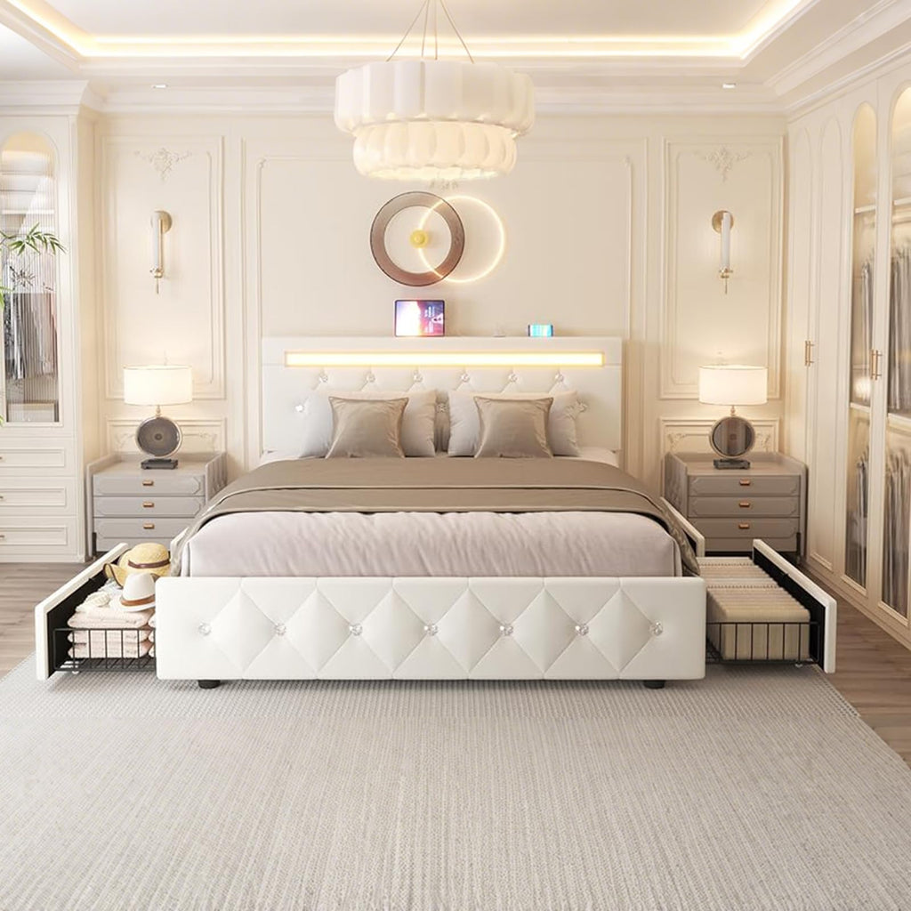 Full Size Bed Frame with LED Light and Storage Drawers S11482