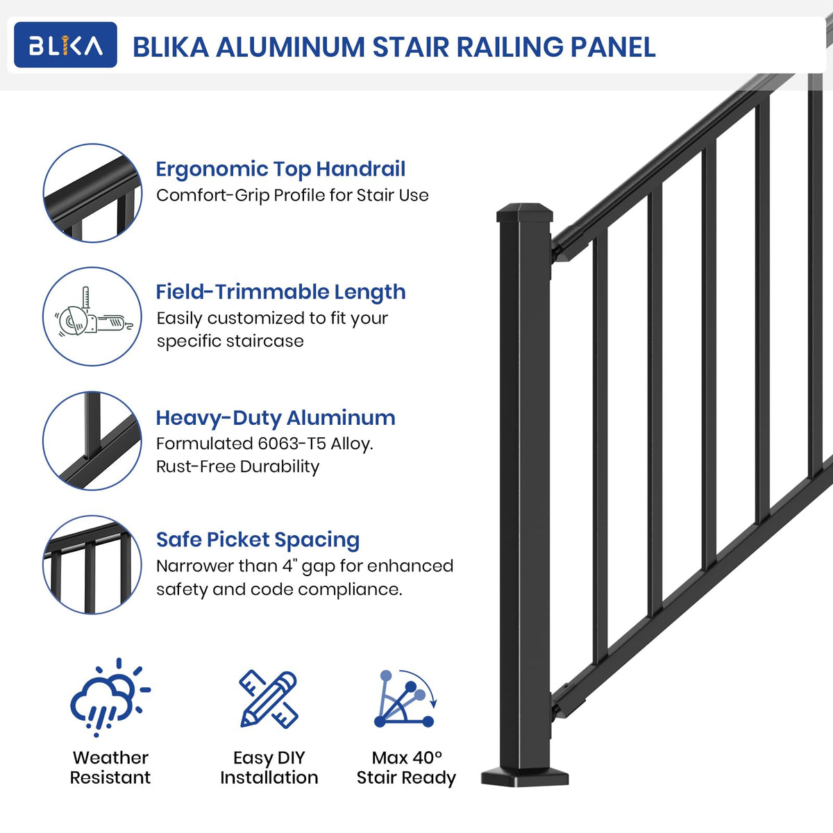 Aluminum Stair Railing Kit with Post, Matte Black Q2824