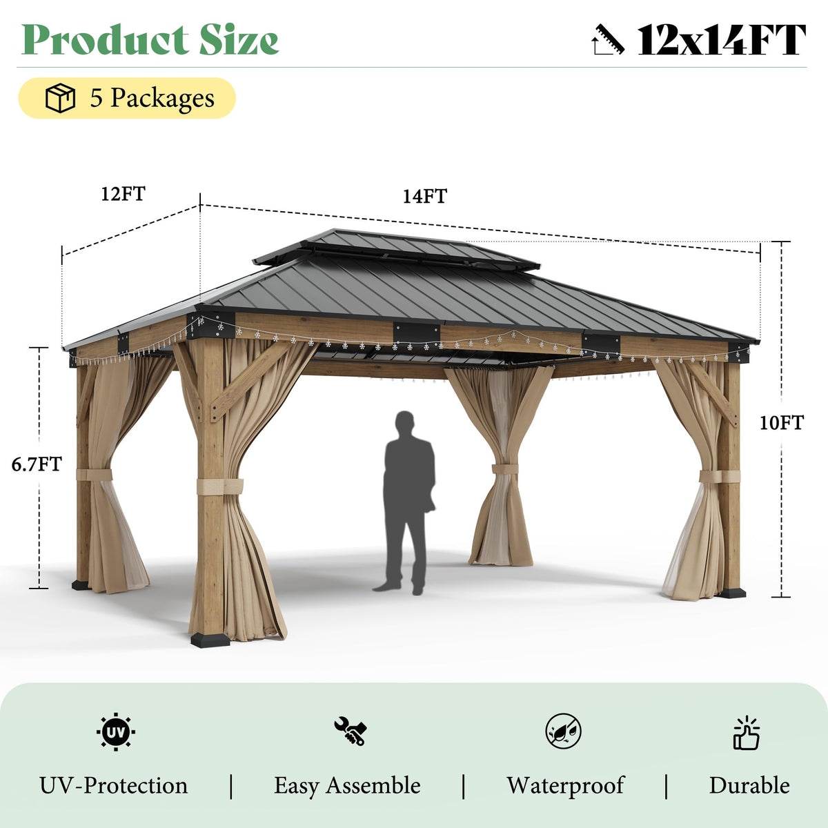 12x14FT Hardtop Gazebo with Double Roof, Privacy Curtain & Netting S918394
