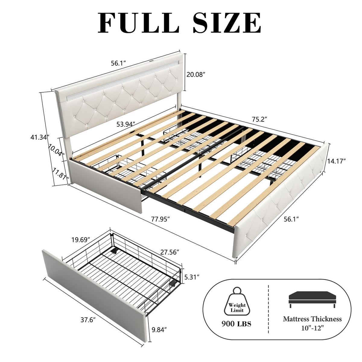 Full Size Bed Frame with LED Light and Storage Drawers S11482
