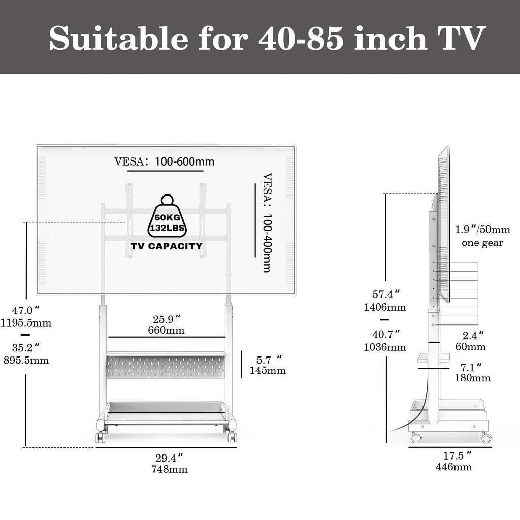 Rolling TV Stand Mount with Wooden Shelf P6196