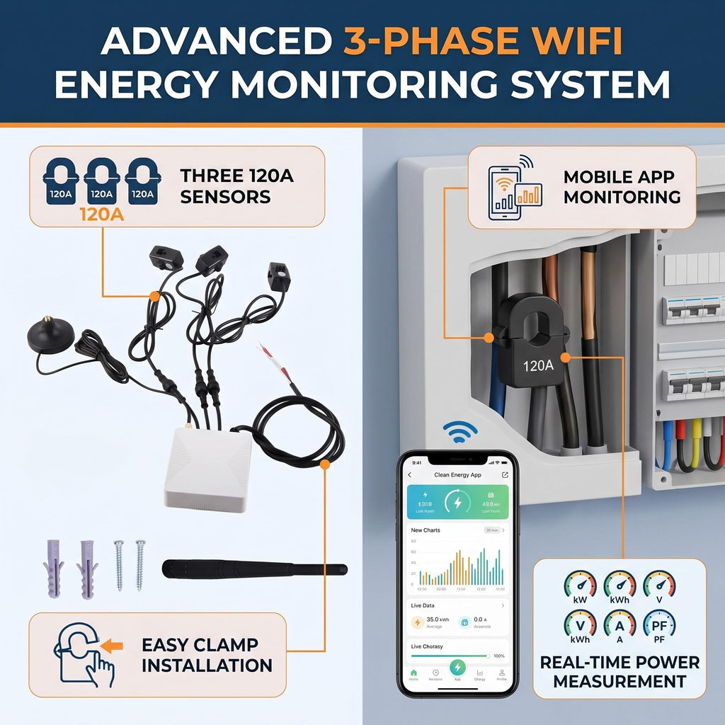 3 Phase Smart Electricity Power Monitor with 3 120A Circuit Level Sensor B8819