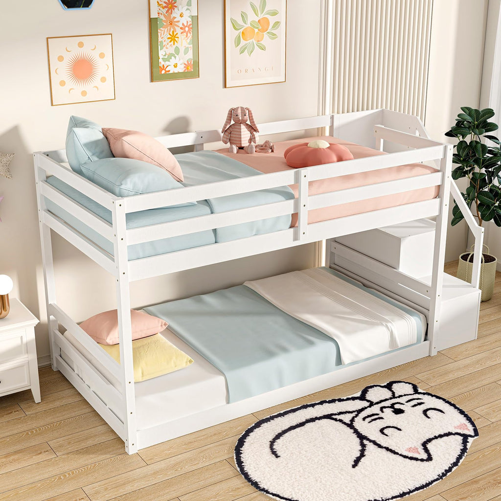 White Twin Over Twin Solid Wood Bunk Bed with Stairs O832