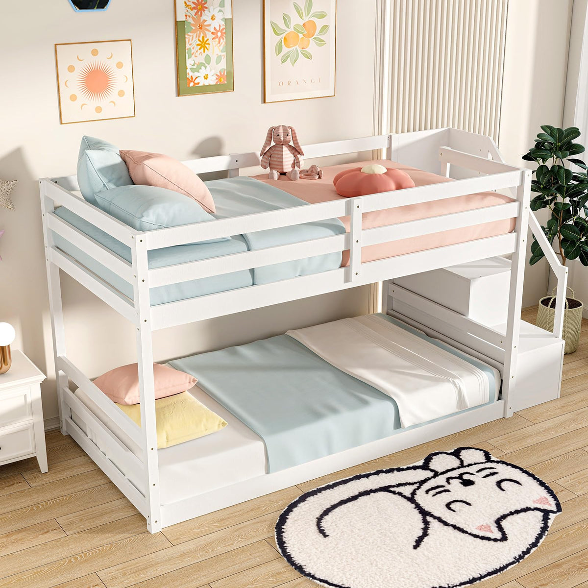 White Twin Over Twin Solid Wood Bunk Bed with Stairs O832