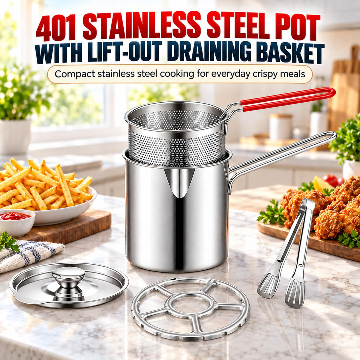 Stainless Steel Pot with Draining Basket, Five Piece Set W5814