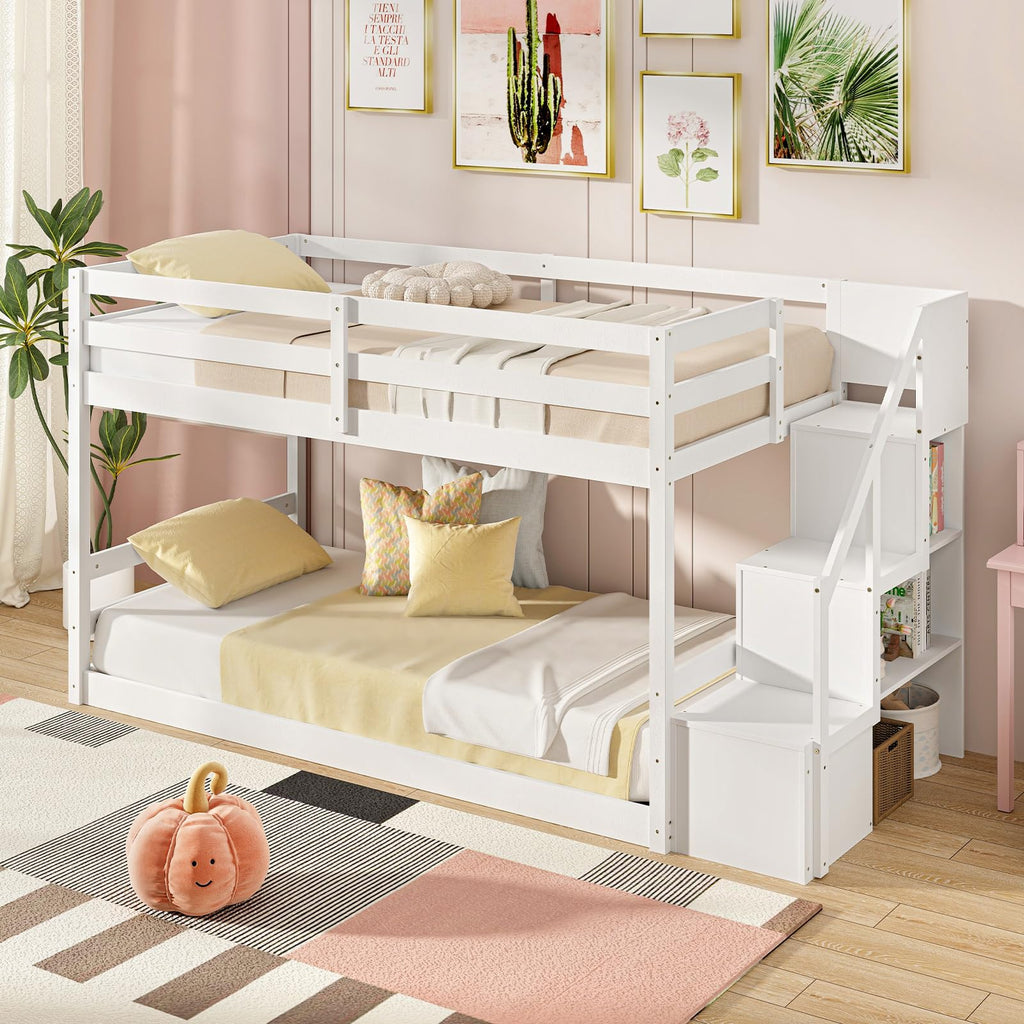 White Twin Over Twin Solid Wood Bunk Bed with Stairs O832
