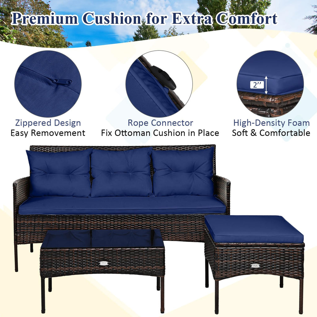 3 Pieces PE Rattan Wicker Patio Conversation Set with Cushions X261